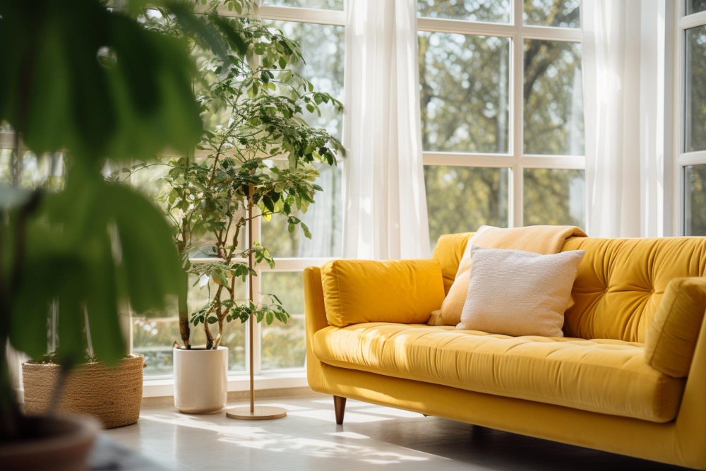 Yellow sofa in a sunny room
