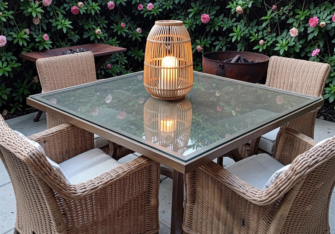 Rattan garden furniture with acrylic table top protector