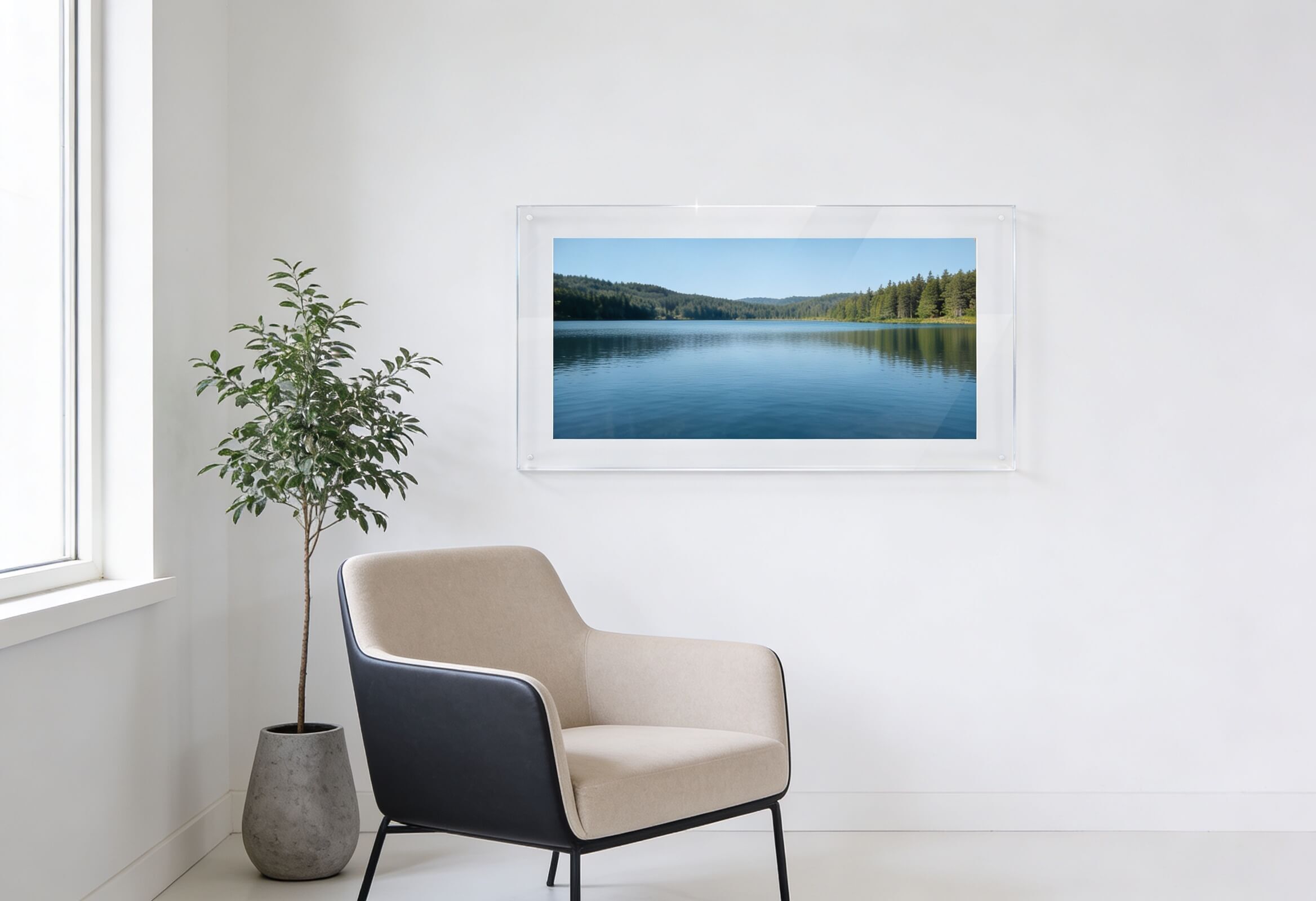 A photo of a lake framed in a UV blocking perspex frame