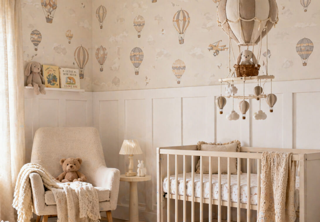 Beautiful panelled nursery with hot air balloon wallpaper 